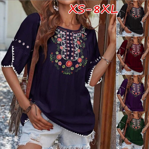 XS-8XL NEW Women's Fashion Summer Clothes Casual O-neck Short Sleeves Tops Ladies Retro Ethnic Style Floral Printed Blouses Loose T-shirts Plus Size