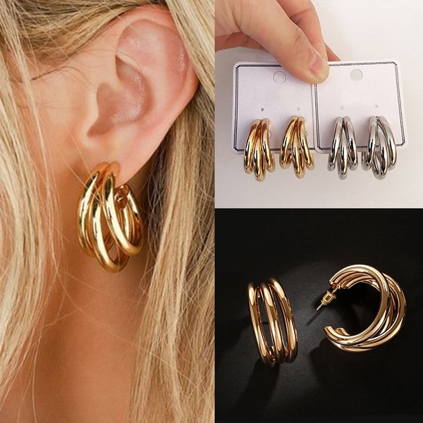 Unique Hoop Earrings C-Shape Large Circle Three Layer Earring Stud Exaggerated Charming Party Earrings for Women Fashion Jewelry