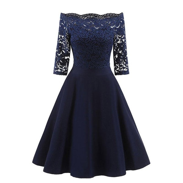 New Elegant Women Evening Party Dress Fall-winter Off Shoulder Three Quarter Sleeve Lace Dress Fashion Big Swing Midi Dress vestidos