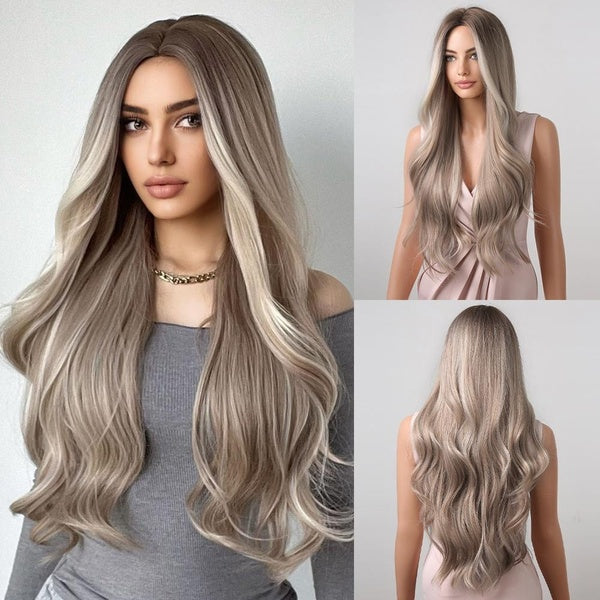 Perruques Synthétiques en Fibre de Cheveux de 28 Pouces Brun Cendré Long Ondulé Bouclé Partie Moyenne (Halloween-Fête-Cosplay-Mariage-Usage Quotidien