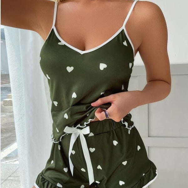 Suspenders Home wear Set Soft Love Print Pajamas Set Short Pajamas Women