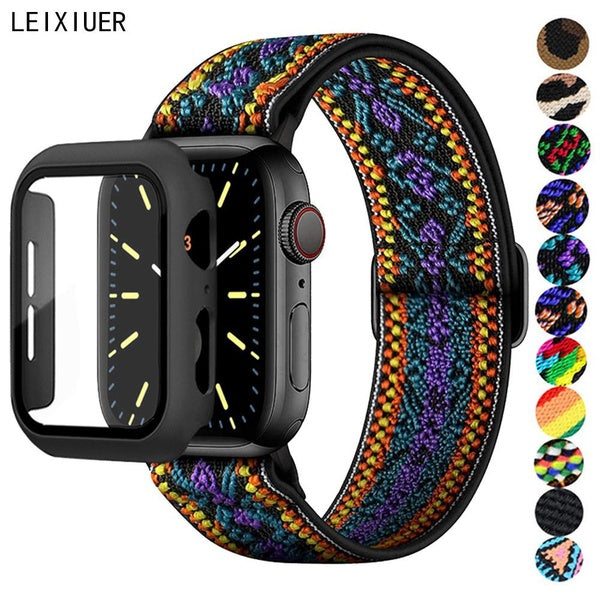 LEIXIUER Tempered Glass case + Nylon Strap for Apple Watch 9 8 7 45 mm 41mm 44mm 40mm 42mm 38mm for iWatch series 7 6 SE 5 4 3 2 1 Screen protector C