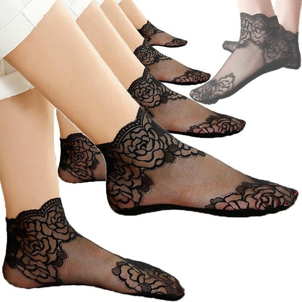 Lace Invisible Socks Soft Solid Color Pure Cotton Rose Carving Silk Stockings Lace Boat Socks Hollow Non-slip Shallow Socks(1~5 Pairs)