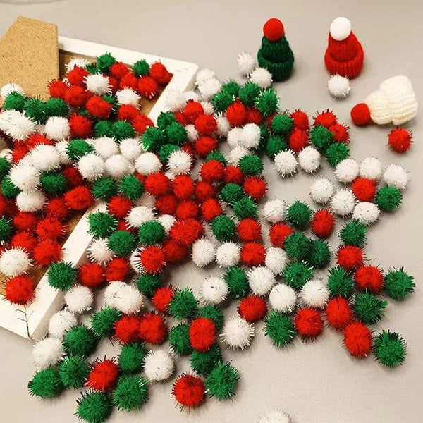 100PCS 10-15-20-25-30mm Red White Green Glitter Pompom Fluffy Plush Ball Christmas Decoration Handmade Children DIY Materials