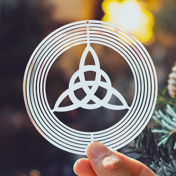 10cm Wicca Celtic Knot Spinner 3D Stainless Steel Lucky Irish Amulet Yoga Wind Chime Pendant Reflective Bird Deterrent
