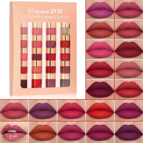 CmaaDu 20 Colors Matte Liquid Lipstick Lip Gloss Kit Long Lasting Waterproof Non-stick Cup Cosmetics