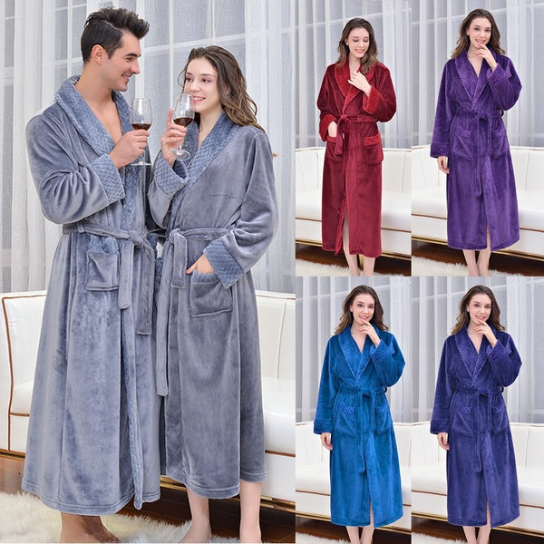 Plush Robes for Men Women, Soft Warm Flannel Bathrobe Thickened Long Comfort Robe Sleepwear