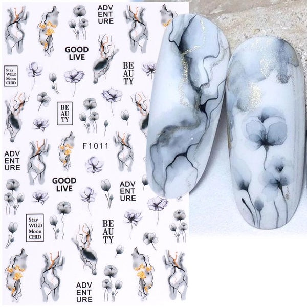 Blooming Marble Nail Stickers 3D Gradient Decals Graffiti Lines Watercolor Flower Letter Tattoo Manicure DIY Slider Decoration