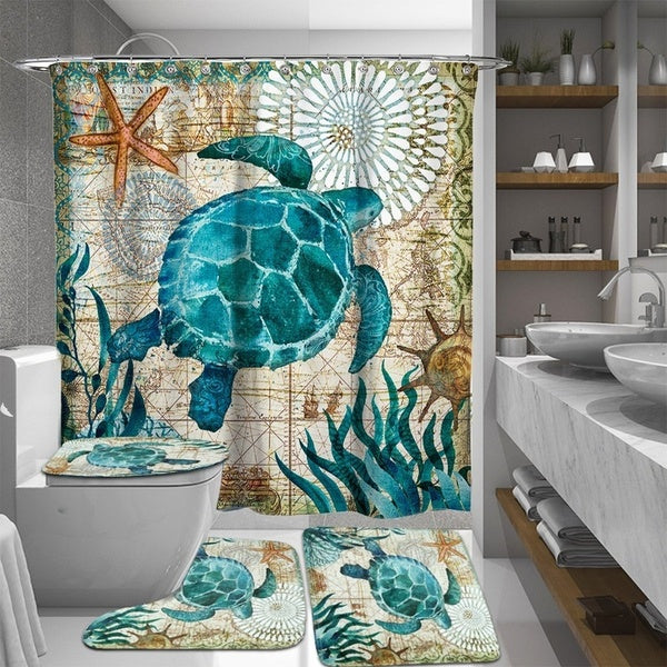 1-3-4 Pcs Bathroom Decor Sea Turtles Shower Curtain Waterproof Bathroom Shower Curtain Toilet Seat Cover Mat Non-Slip Rug Set