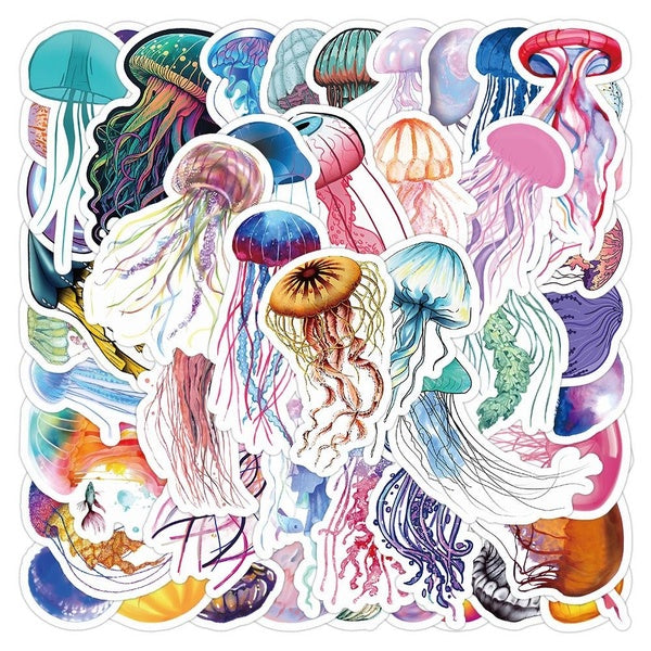 10-53pcs Colorful Jellyfish Stickers Cute Marine Animal Laptop Decoration Water Cup Waterproof Funny Stickers Animal Stickers