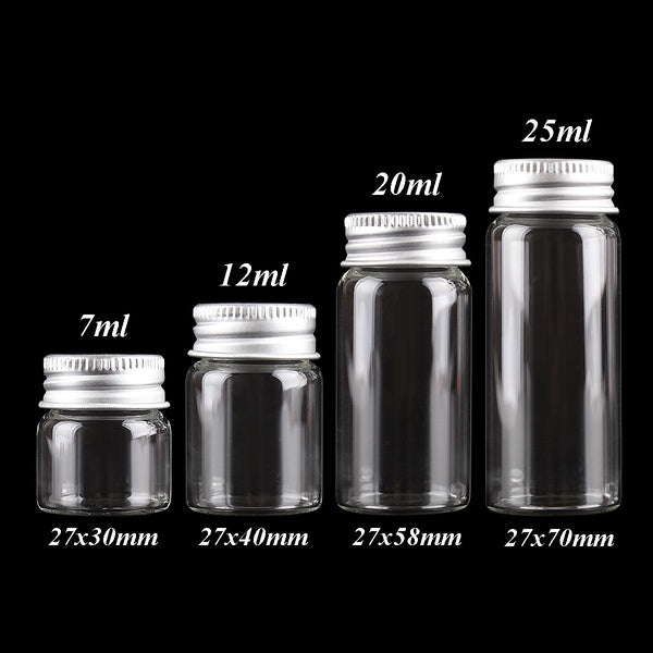 5 pieces 7ml 15ml 20ml 25ml Small Glass Bottles with Black Aluminum Caps Transparent Glass Perfume Spice Bottles Tiny Jars Vials