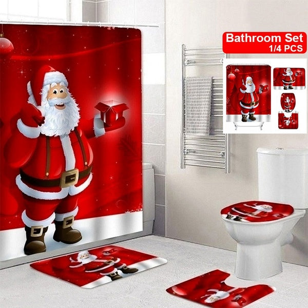 3D Christmas Santa Claus Bathroom Red Shower Curtain Set Waterproof Shower Curtain+ Non Slip Bathroom Pedestal Rug + Toilet Lid Cover + Floor Mat Bat