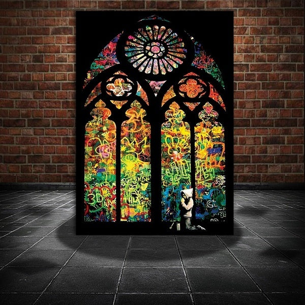 (Framed) Printed Poster Banksy Stained Glass Window Church Pictures Canvas Modern Oil Art Home Wall Decal