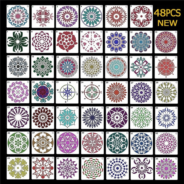 New Version 48pcs Mandala Dot Painting Templates Floral Dotting Stencils for Painting on Wood, Fabric, Glass, Metal, Walls and More DIY Painting Art