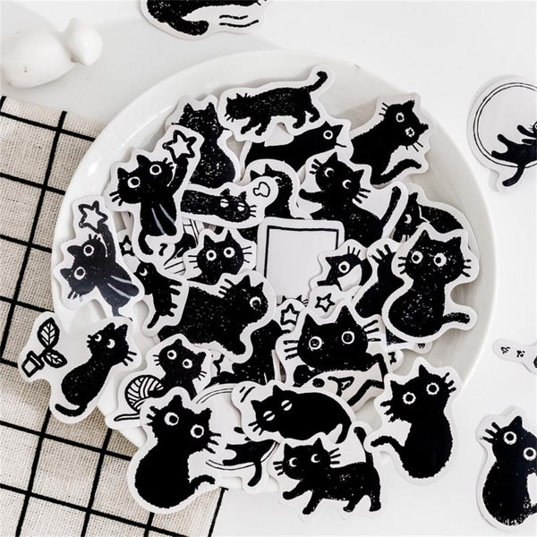 45Pcs Black Cat Stickers Cartoon Animal Decals Scrapbooking Postcard Phone DIY Decoration Stationery Student Supplies
