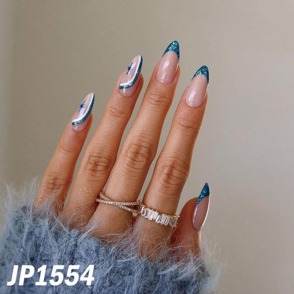 French Simple Blue Glitter Powder Starlight Press On Nails Olive Green Whitening Fake Nails with Glue Small Flower Light Purple False Nails for Ladie