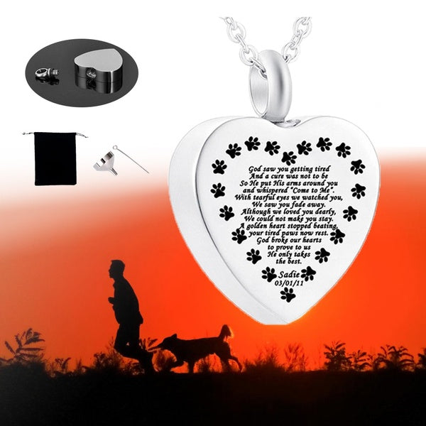 Custom Lovely Jewelry Dog Cat Memorial My Fur Angel Pet Paw print Heart Urn Necklace Cremation Keepsake Ashes Pendant Necklaces-God Saw You