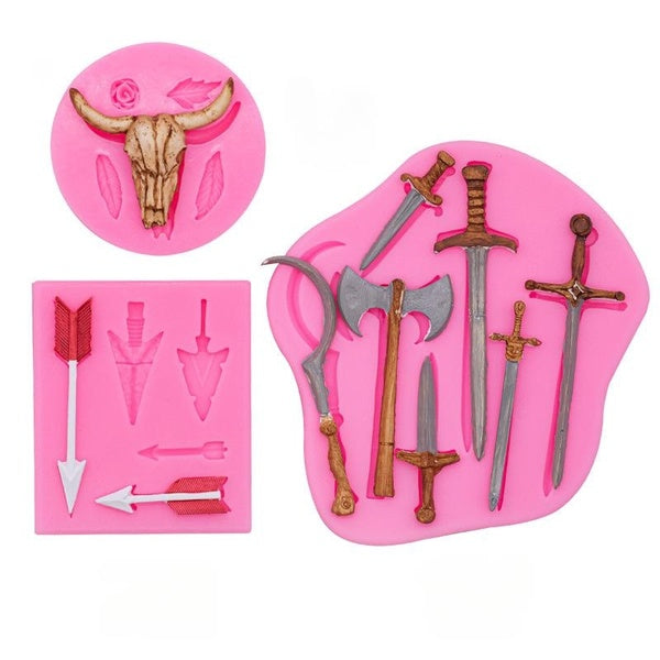 KUXSE Vintage Sword Cowhead Silicone Molds Fondant Mold Cake Decorating Tools Candy Clay Chocolate Gumpaste Mold Sugarcraft Kitchen Baking Tool