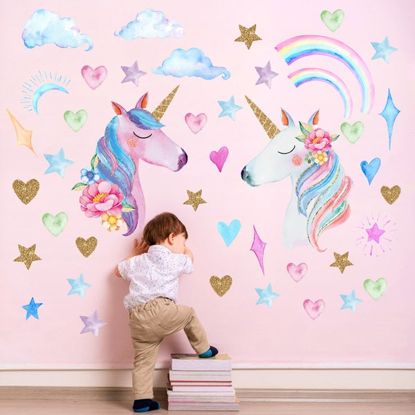 3D New Unicorn Wall Stickers Rainbow Wall Stickers for Children's Room Kindergarten,Romantic Unicorn Stickers Background Decals Decorative Wall Stick