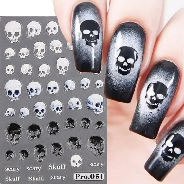 Halloween Skulls Nail Art Stickers Cartoon Ghost Spider Web Bones Pumpkin Nail Decals Spooky Design DIY Manicure Tattoo GLPRO
