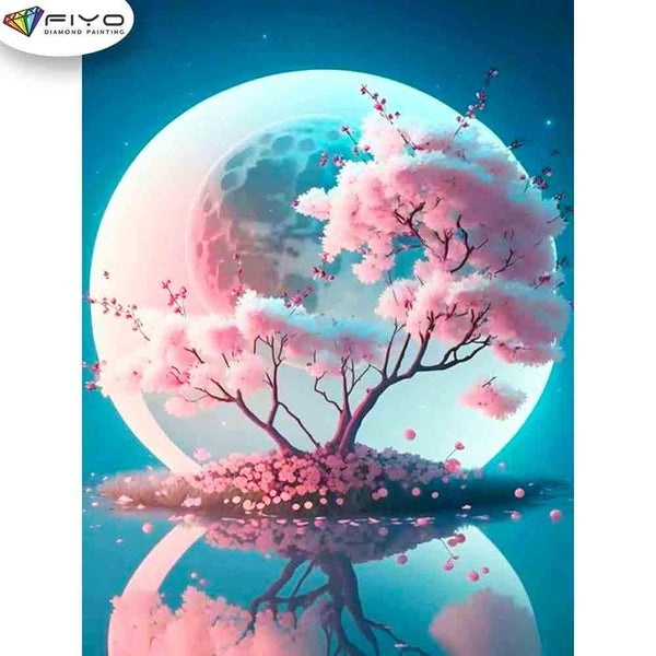 FIYO Pink Tree and Moon Diamond Painting Kits For Adults DIY 5D Diamond Mosaic Diamond Painting Home and Kitchen Fashion Canvas Pictures Wall Decorat