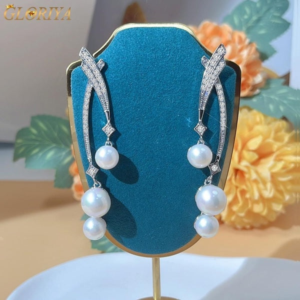 Gloriya Bijoux de mariées modernes délicats plaqué or blanc serti pavé rond brillant AAA CZ zircone boucles d'oreilles pendantes exquises avec perle