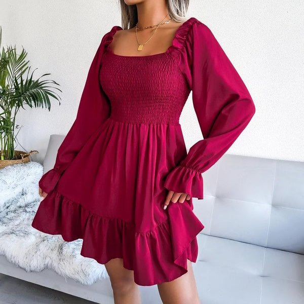 Women's Square Collar Flared Long Sleeve Ruffled Large Swing Dress