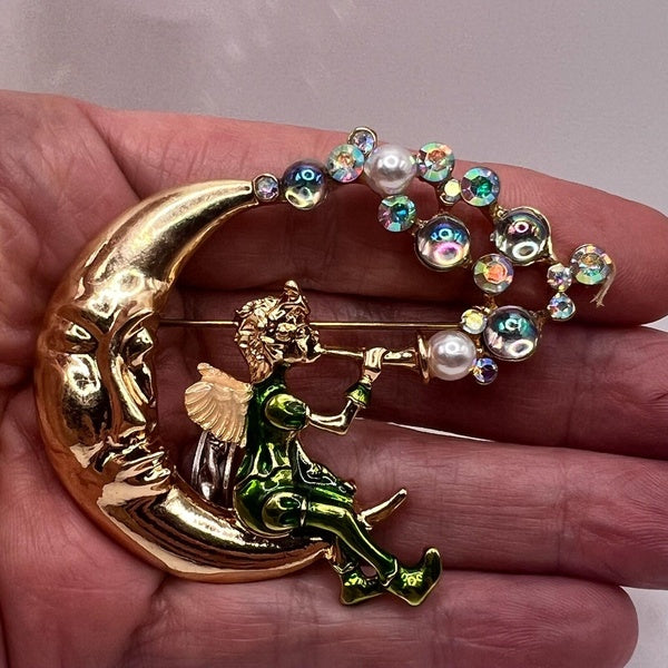 FAIRY on MOON BROOCH Pin Bubbles Ab Rhinestone Enamel Costume Jewelry