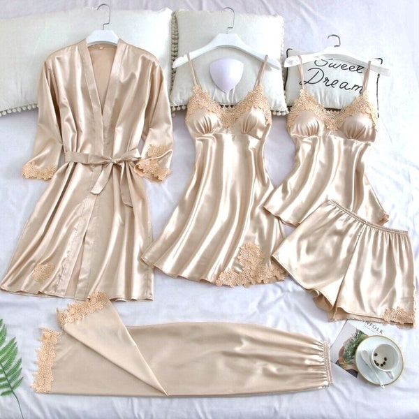 Women Nightgowns Pyjamas Set of Satin Fabric Breathable Pajamas Set with Robes 5 PCS Set Sleepwear Lounge Wear Nightgowns