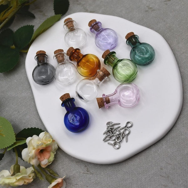 10 Pieces Colour Square or flat ball Cork Glass Vial Pendant Mini Glass Bottle with Cork Cute Jars Wishing Bottle Charms