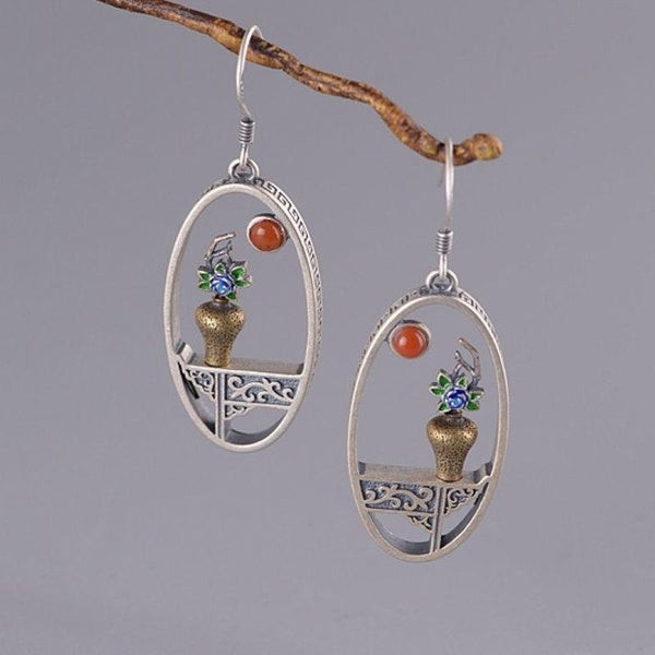 Boucles d'oreilles pendantes de forme ovale en forme de fleur en argent thaïlandais rétro, boucles d'oreilles géométriques en forme de vase, bijoux d