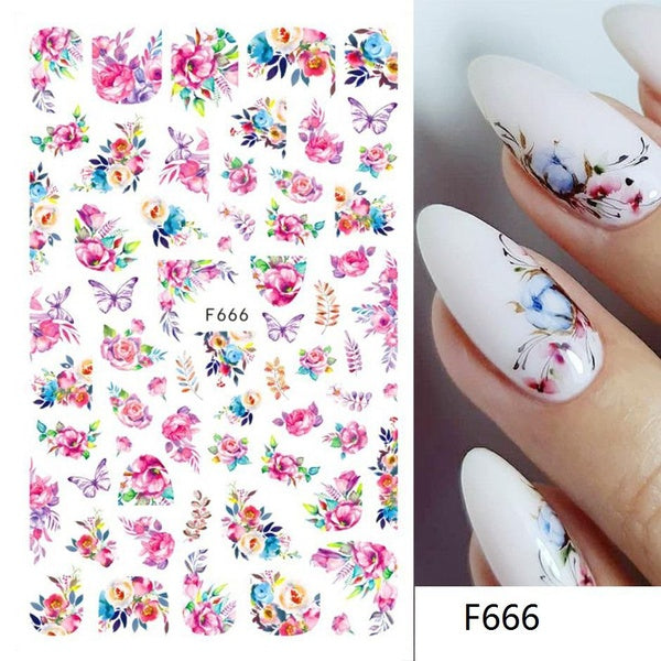 3D Botanical Floral Nail Art Sticker Purple Blue Red Rose Flower Slider Butterfly Self-adhesive Decal Manicure Decoration SAF666