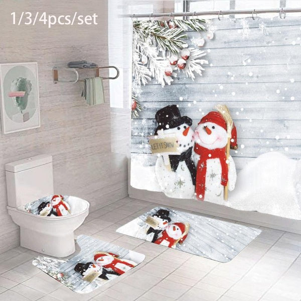 Christmas Bathroom Shower Curtain with hooks - Non-Slip Bath Mat, Contour Mat, Toilet Lid Cover Floor Mat Home Decor 1-3-4pcs-set