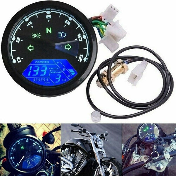 1pc 12V Universal Motorcycle Speedometer Digital LCD Display meter Blue Backlight L-R Turn signal High beam N lights Position Lights tachometer