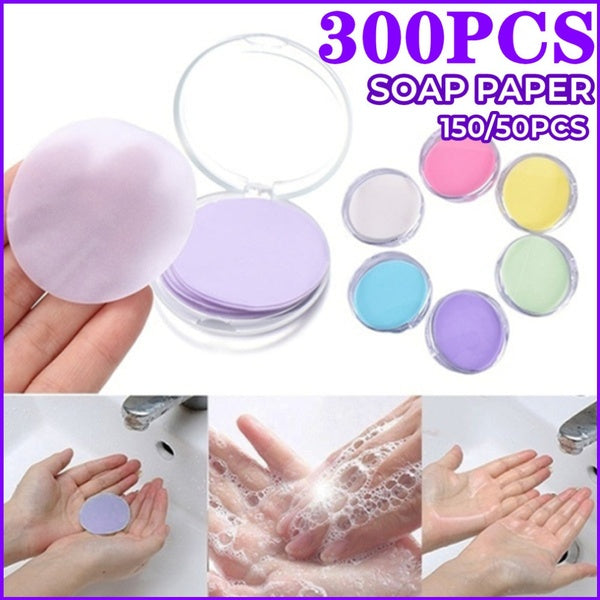 300-150-50pcs New Travel Portable Disposable Soap Flakes with Storage Box Container Soap Papers Scented Foaming Mini Paper Soap Hand Washing Cleaning