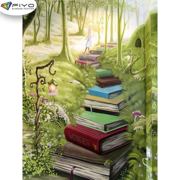 FIYO Paths and Books DIY 5D Diamond Painting Full Drill with Number Kits Home and Kitchen Fashion Mosaic Diamond Painting Canvas Wall Decoration Gift