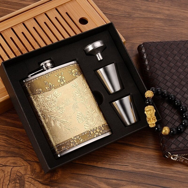 1SET 7OZ hip flask liquor Bottle christmas Gift box Stainless steel wine pot Leather surface portable whiskey Bottle OK 1117