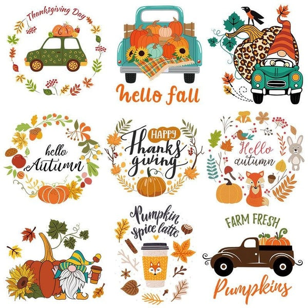 9pcs Pocket Size Pumpkin Spices Iron On Stickers Autumn Decals Thanksgiving Fall Iron-On Heat Transfer Vinyl Perfect Stickers For DIY Clothing, T-Shi