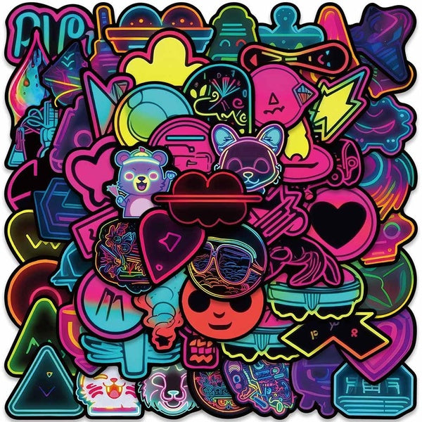 60pcs Cool Cartoon Neon Series Anime Stickers Pack For Laptop Phone Skateboard Diary DIY Waterproof Graffiti Luggage Guitar Vinyl Decals