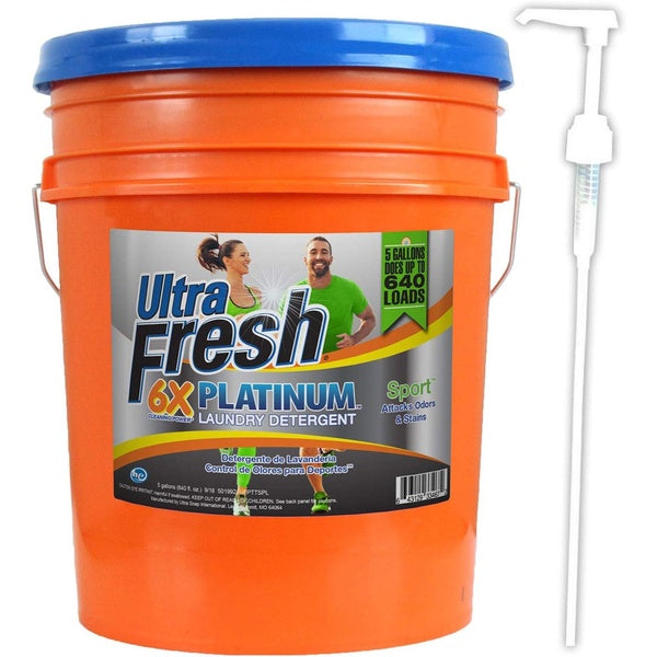 Ultra Fresh 6X Platinum 5 Gallon Sport Laundry Detergent, Up to 640 Loads w-Pump