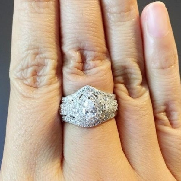 3Pcs - Set Genuine Brides' 925 Sterling Silver Wedding Rings Set Big Round Cut 2.89CT Diamond Bridal Engagement Party Jewelry Promise Anniversary Gif