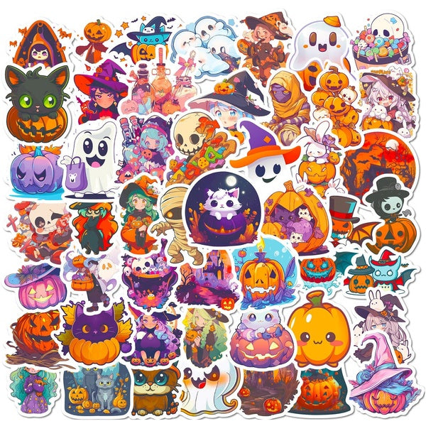 10-50Pcs Cute Cartoon Halloween Stickers Funny Halloween Ghost Pumpkin Lamp Graffiti Stickers for DIY Luggage Laptop Skateboard Motorcycle Bicycle St