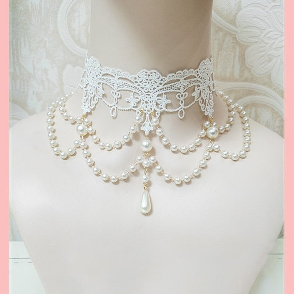 Lolita Baroque Vintga Jewelry White Pearl Gorgeous Bride Girl Women Party Lace Necklace Choker