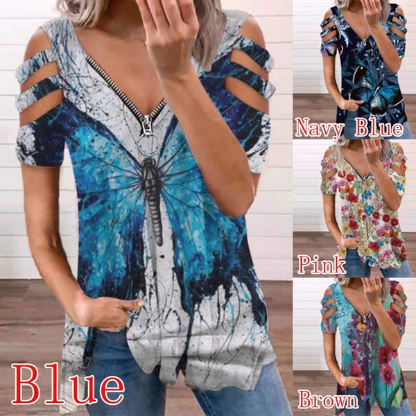 Vêtements d'été pour femmes Casual Off épaule Hauts à manches courtes Blouses à glissière à col en V profond T-shirt d'impression de mode pour femmes