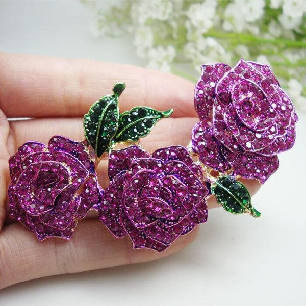 Charming Woman's 3 Rose Flower Brooch Pin Purple Crystal Rhinestones Gifts
