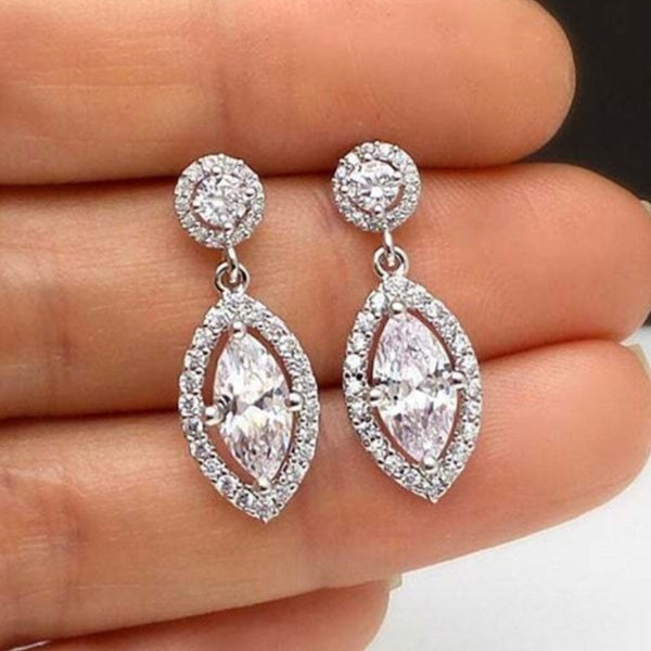 Boucles d'oreilles de mariage nuptiales pour femmes marquise blanc saphir plaqué argent boucles d'oreilles pendantes accessoires de mode