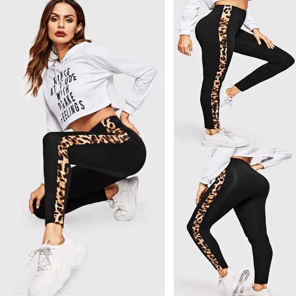 Side Leopard Pattern Patchwork High Waisted Capris Yoga Exercise Stretch Leggings for Women