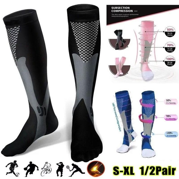 Men's and Women's Compression Socks, Running Sports Socks, Anti Fatigue, Pain Relief, Black, 20-30 MmHg 1-2pair