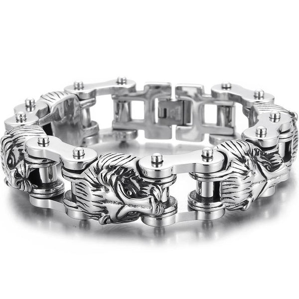 Gothic Lion Head Charm Bracelet for Men Heavy Stainless Steel 18MM On Hand Chain Mens Motorcycle Bike Chain Bracelet Jewelry Massive