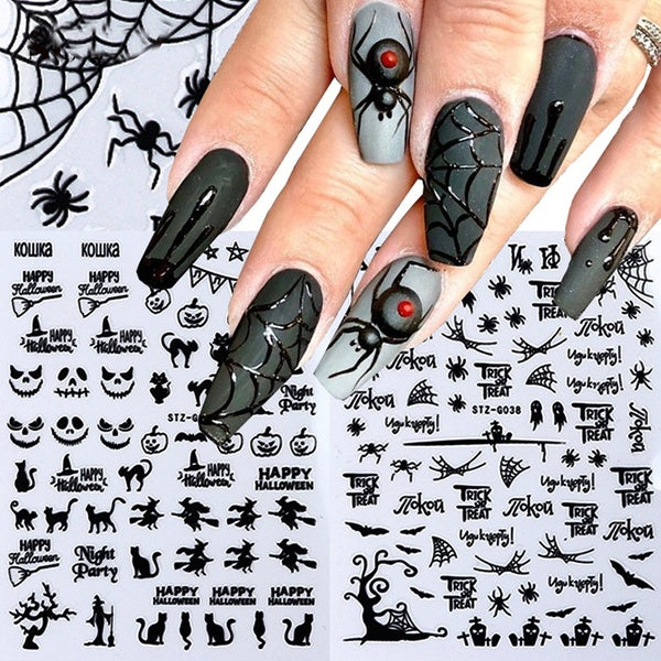 Halloween Nails Black Stickers Nail Art Decals Spider Ghost Pumpkin Cool Spooky Slider Wraps Nail Decor Manicure CHSTZG032-040